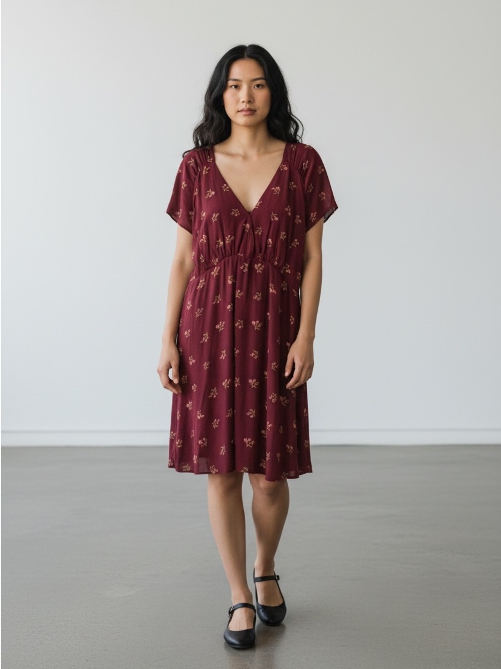 Free People Burgundy Floral V-Neck Midi Dress